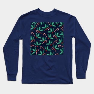 Blue Green Holly Leaves Red Berries Candy Cane Paint Long Sleeve T-Shirt